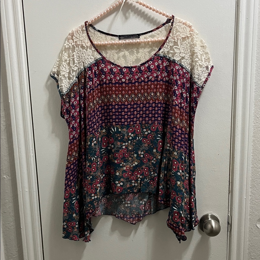 Boho Floral Mixed-Print Lace Yoke Top - Burgundy/Green